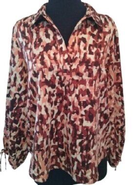 Women's Andrew Marc Camo Blouse, Wine/Peach/Off White, Size Medium NWT
